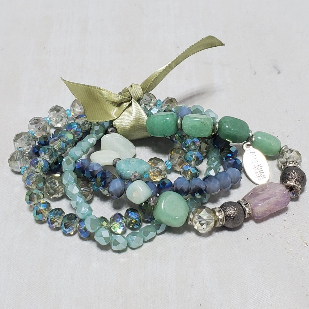 Ali Khan 5 row glass beaded bracelet green blue and iridescent tones gift box